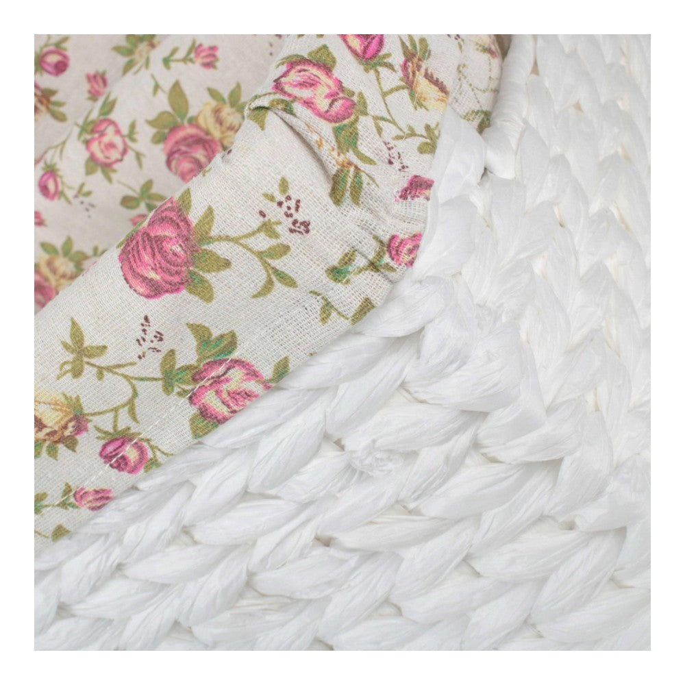 White Paper Rope Rectangular Storage Basket with Garden Rose Cotton Lining