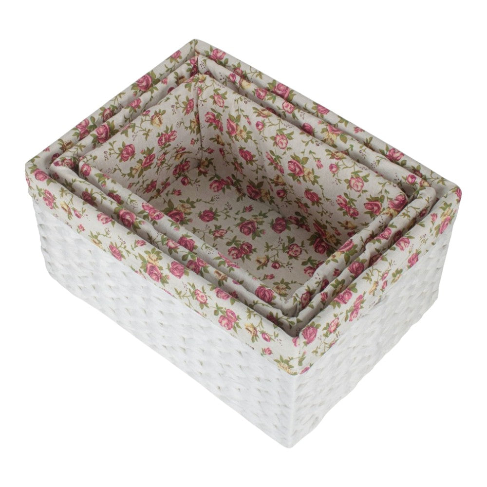 White Paper Rope Rectangular Storage Basket with Garden Rose Cotton Lining