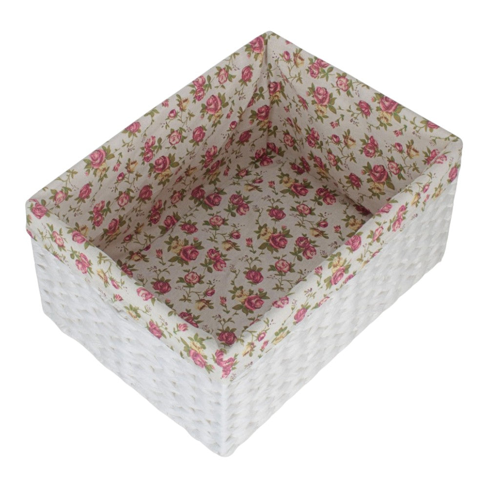White Paper Rope Rectangular Storage Basket with Garden Rose Cotton Lining
