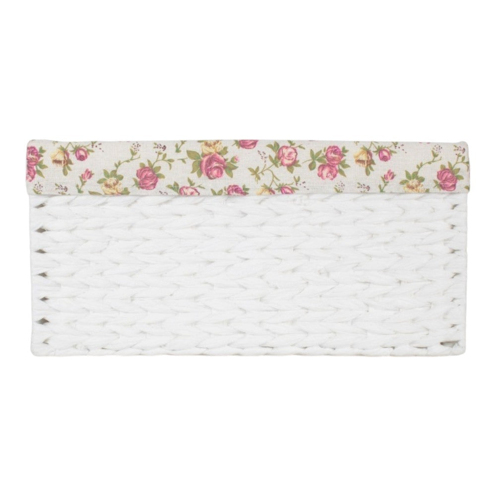 White Paper Rope Rectangular Storage Basket with Garden Rose Cotton Lining