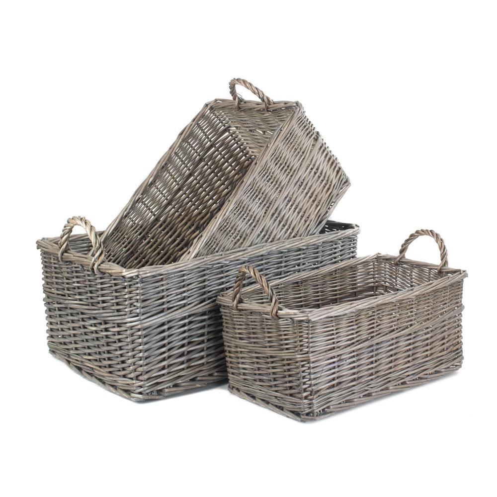 Shallow Antique Wash Wicker Storage Basket
