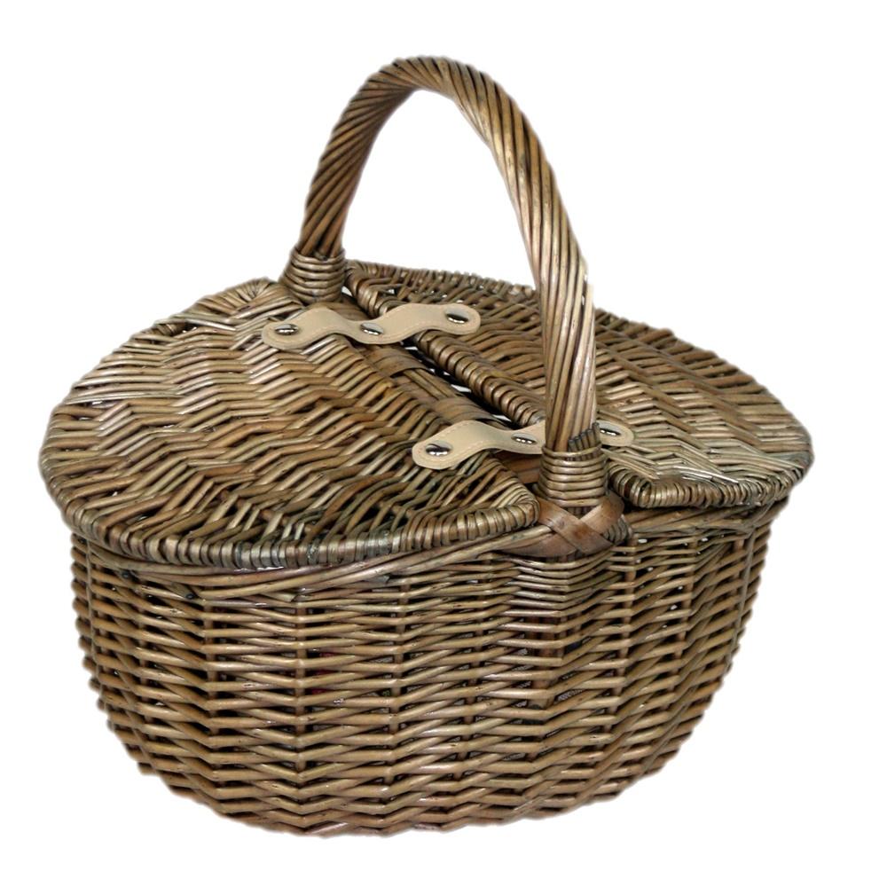 Small Antique Wash Double Lidded Oval Shopping Basket