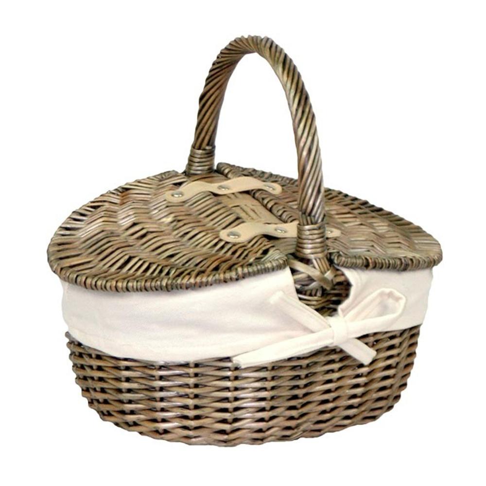 Small Antique Wash Double Lidded Oval Shopping Basket