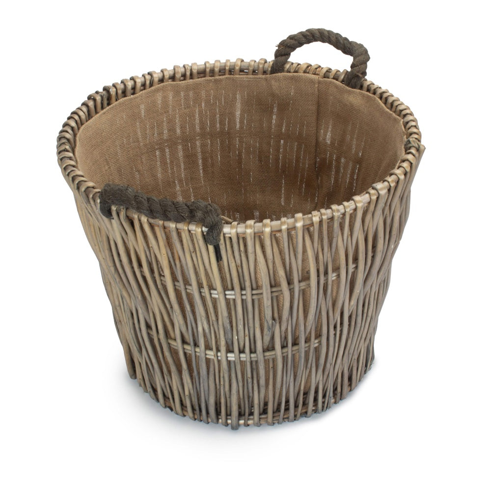 Round Grey Hessian Lined Wicker Log Basket