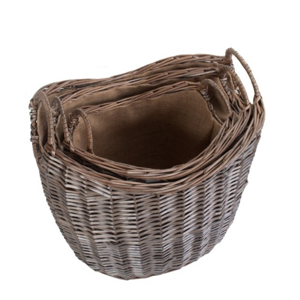 Scoop Neck Antique Wash Hessian Lined Wicker Log Basket