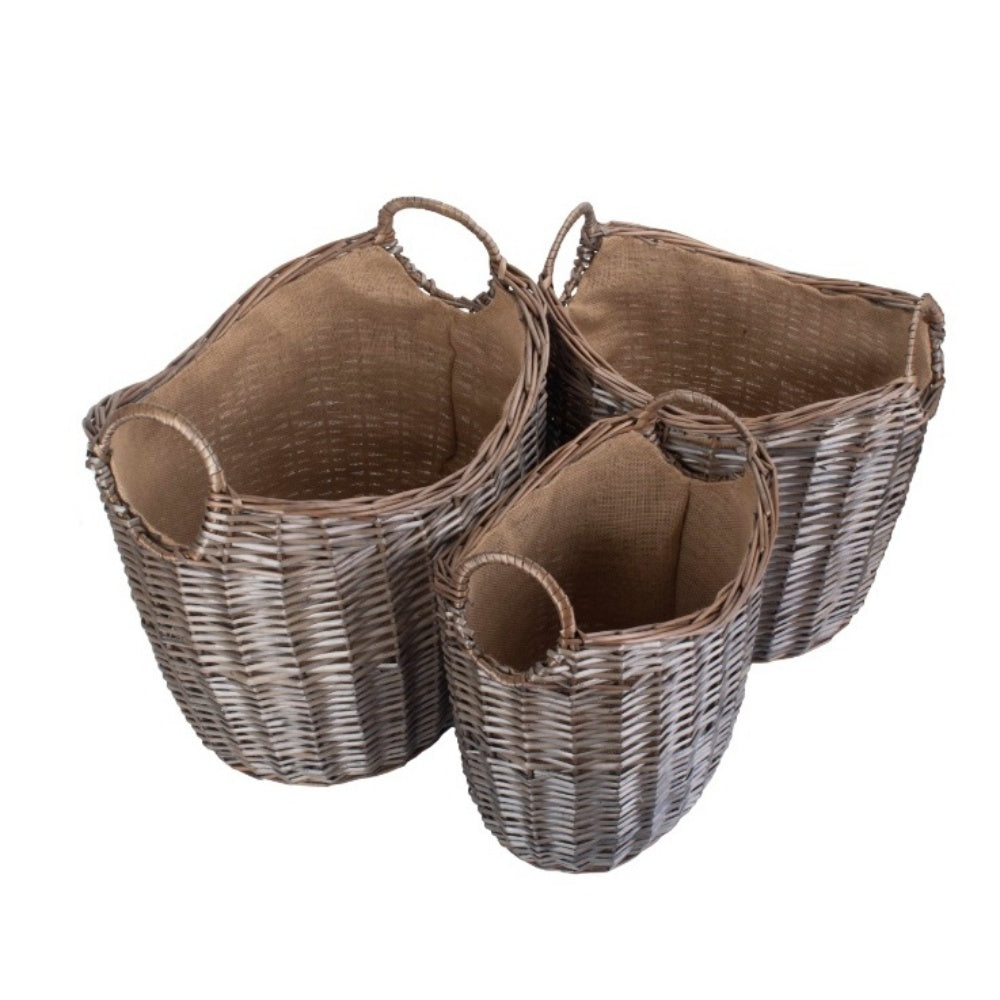 Scoop Neck Antique Wash Hessian Lined Wicker Log Basket