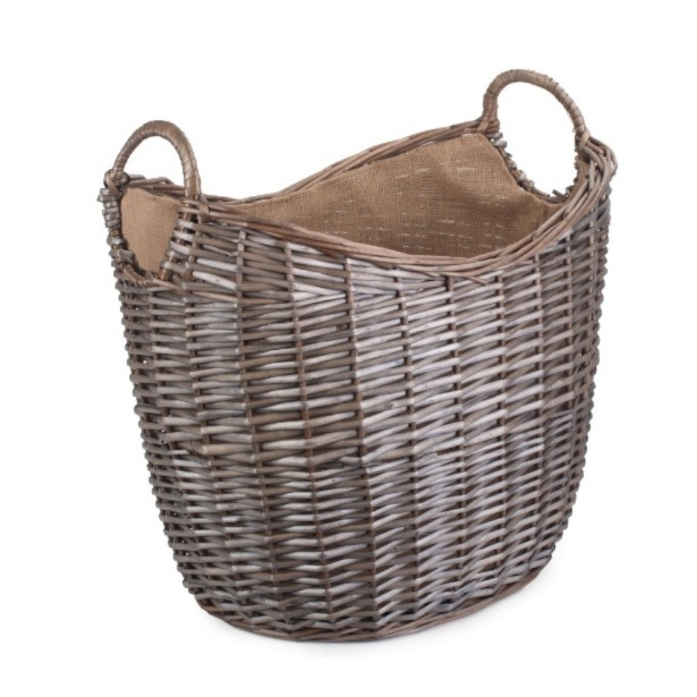 Scoop Neck Antique Wash Hessian Lined Wicker Log Basket