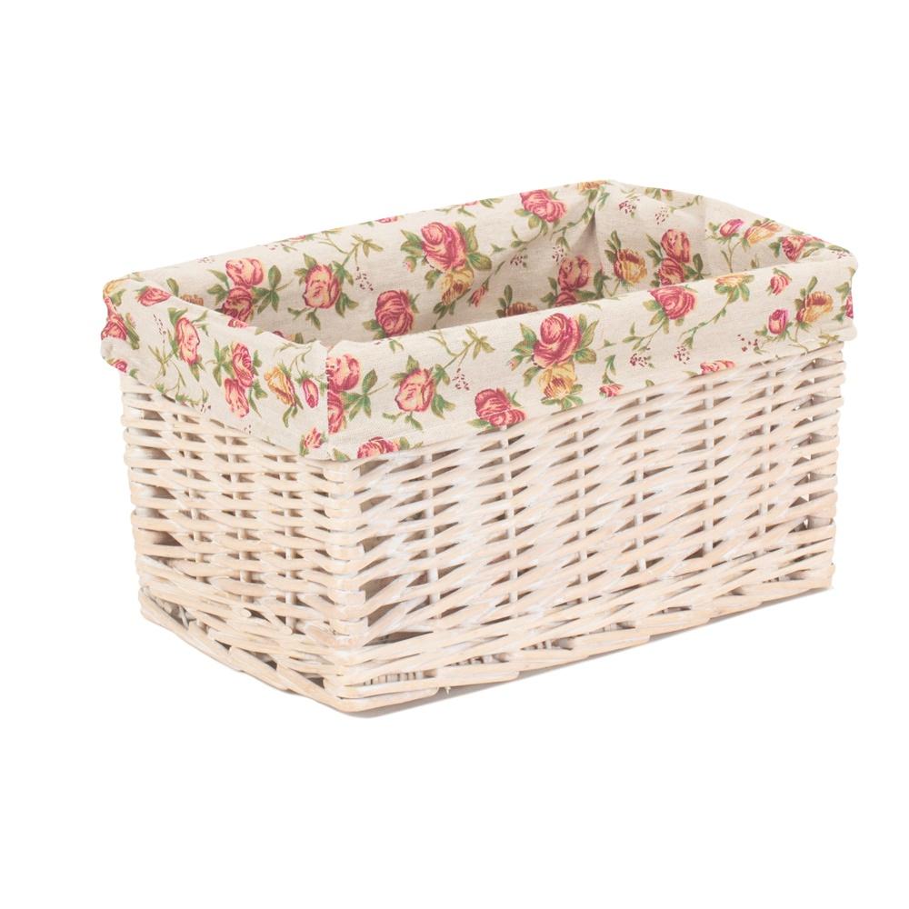 Whitewash Garden Rose Lined Wicker Storage Basket