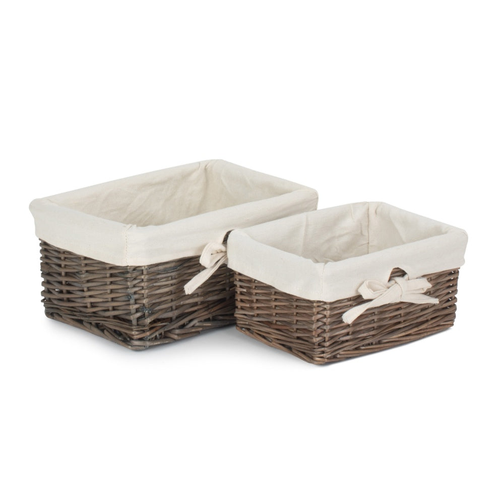 Set of 2 Antique Wash Finish Cotton Lined Willow Basket