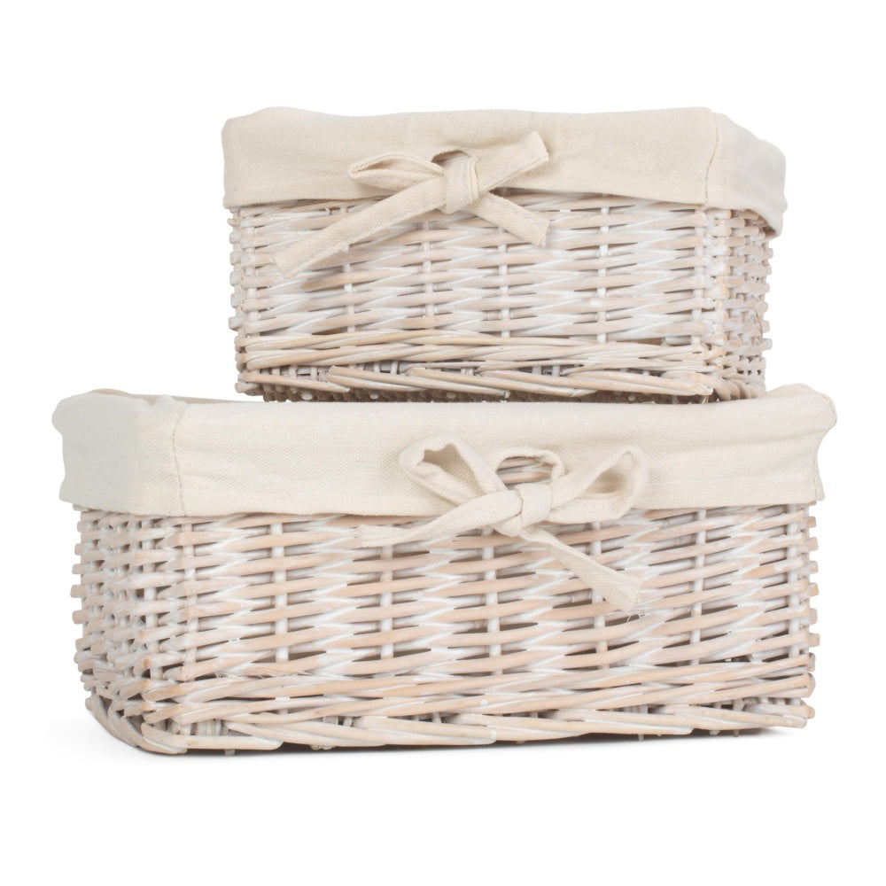 Set of 2 White Wash Finish Cotton Lined Willow Basket
