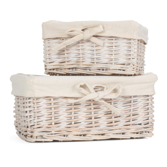 Set of 2 White Wash Finish Cotton Lined Willow Basket