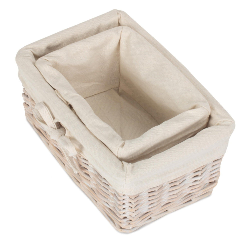 Set of 2 White Wash Finish Cotton Lined Willow Basket