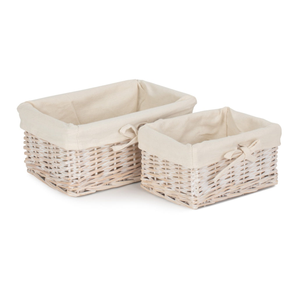 Set of 2 White Wash Finish Cotton Lined Willow Basket